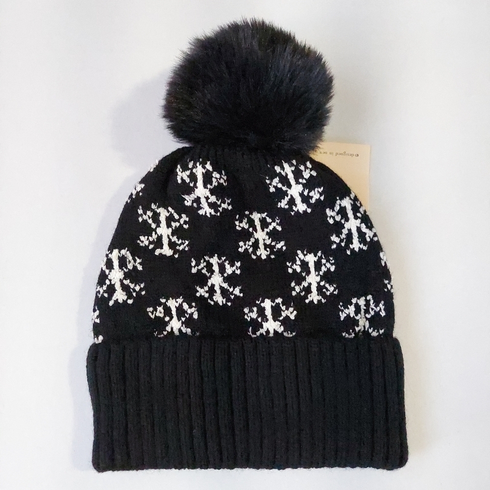 Beanie Hat Black Womens Knit Hat Winter New Beanie Warm Lined Faux Fur Pompom